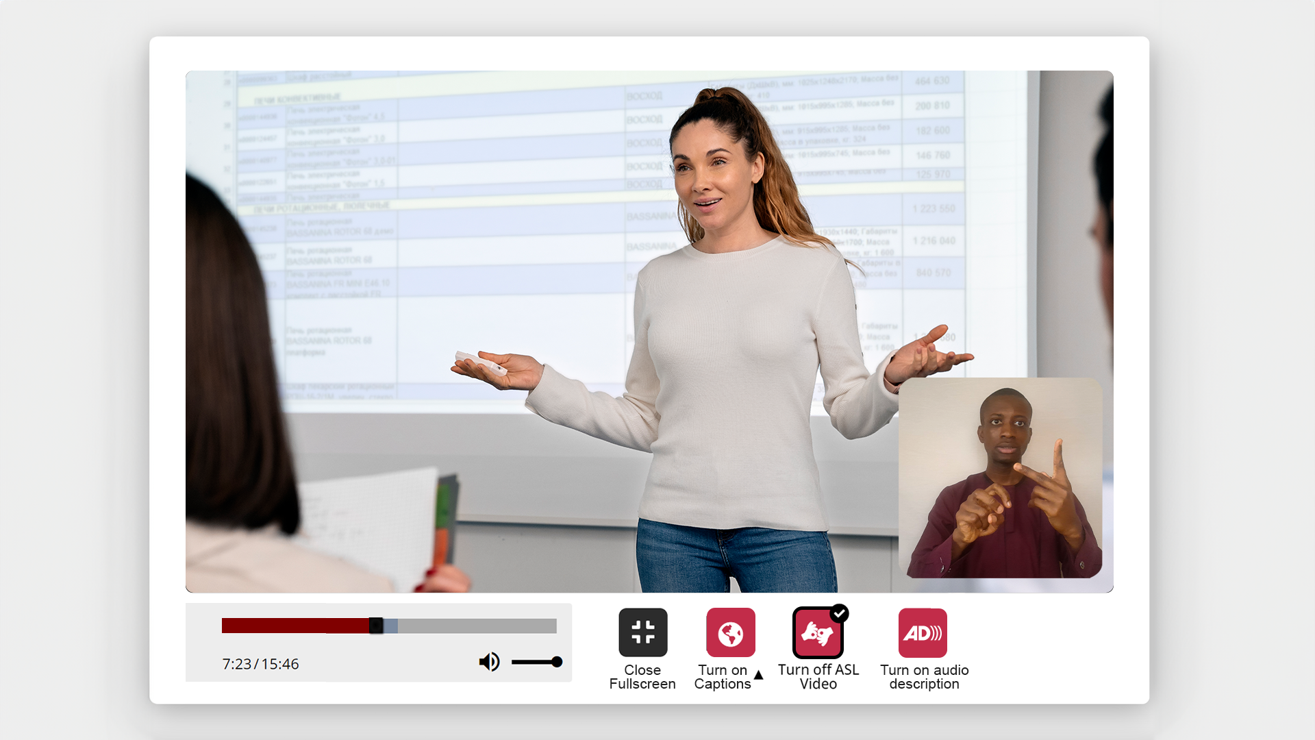Speaker on the podium displayed on the media player with icons for sign language ON, audio description and captions. Interpreter on the bottom right.