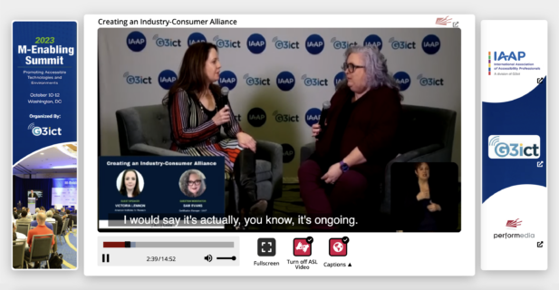 Multimedia player view, interview between two ladies with Captions and Turn off ASL video ON.