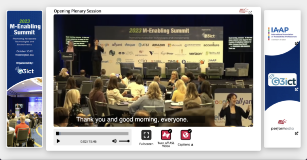 2023 M-enabling summit with attendees, speaker and sign language interpreter, Media Player with captions and Turn off ASL video ON.