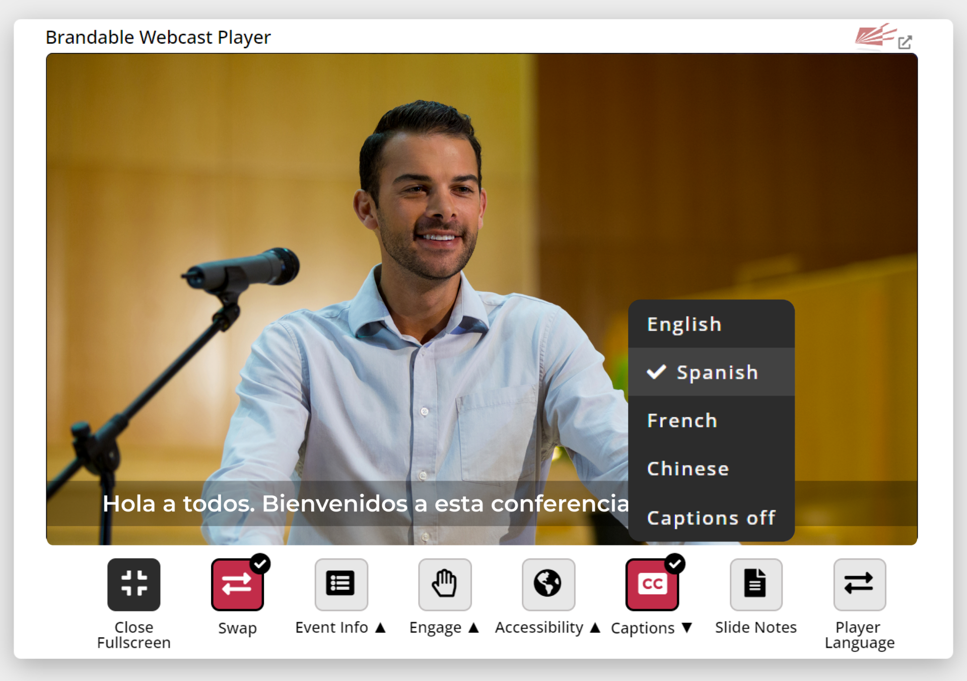 Multimedia player screenshot. Man speaking in a conference. Spanish captions are ON.