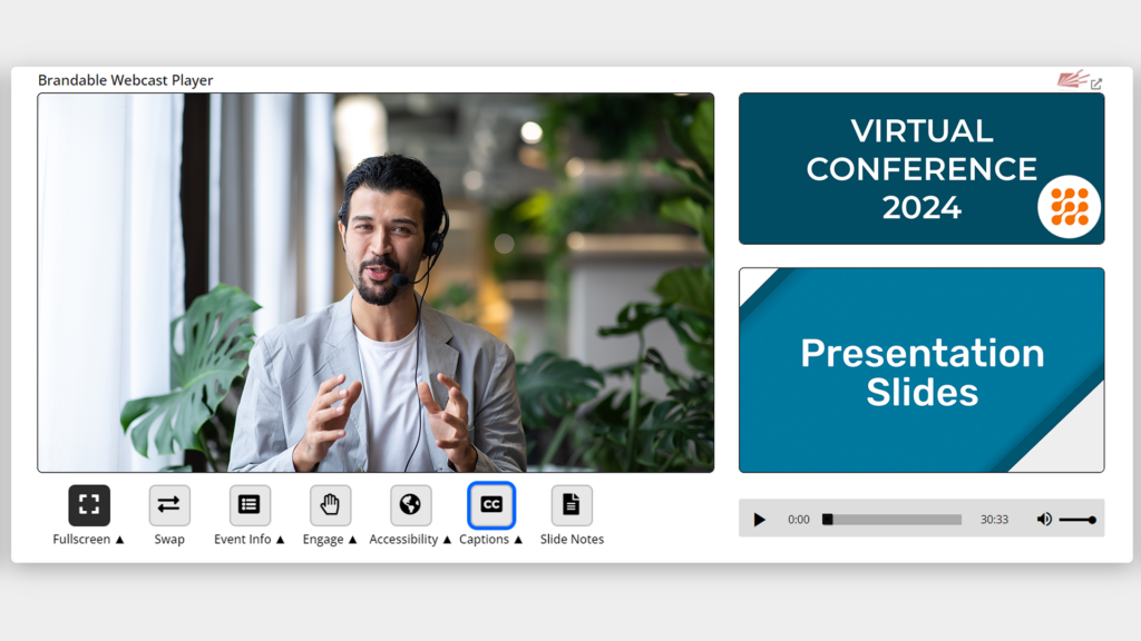 Screenshot of Performedia Brandable Webcast Player with customization options like captions, slide notes, screen swap, engagement feature, etc.